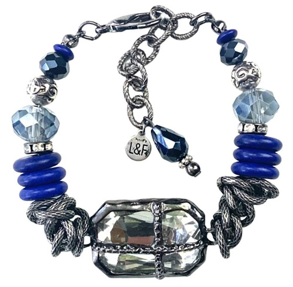 NEW LEGEND OR LIES women's soldered cross beaded clasp bracelet in silver/blue